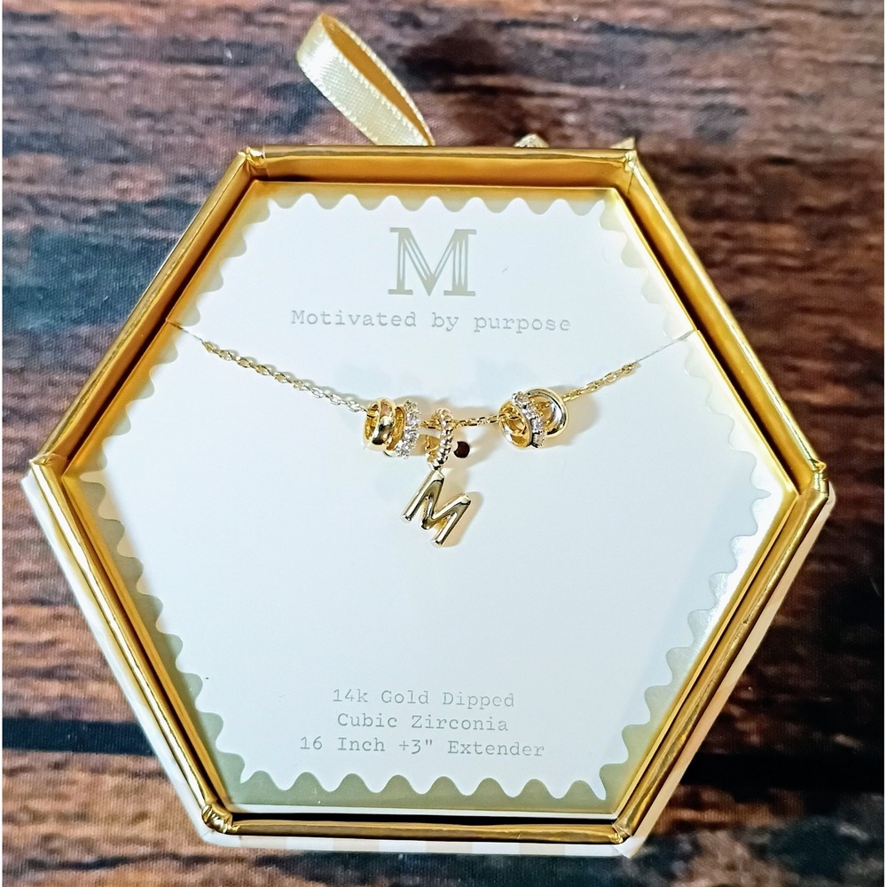A New Day 14k Gold Dipped Initial M Necklace Cubic‎ Zirconia 16-19 Inch NIB